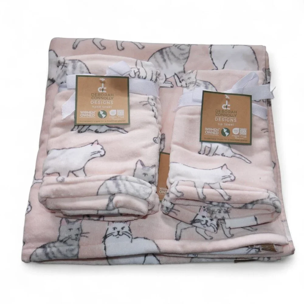Deborah Connolly 6 PC Bath Towel Set Soft Pink Kitty Cats Kittens Tabby Cat NWT